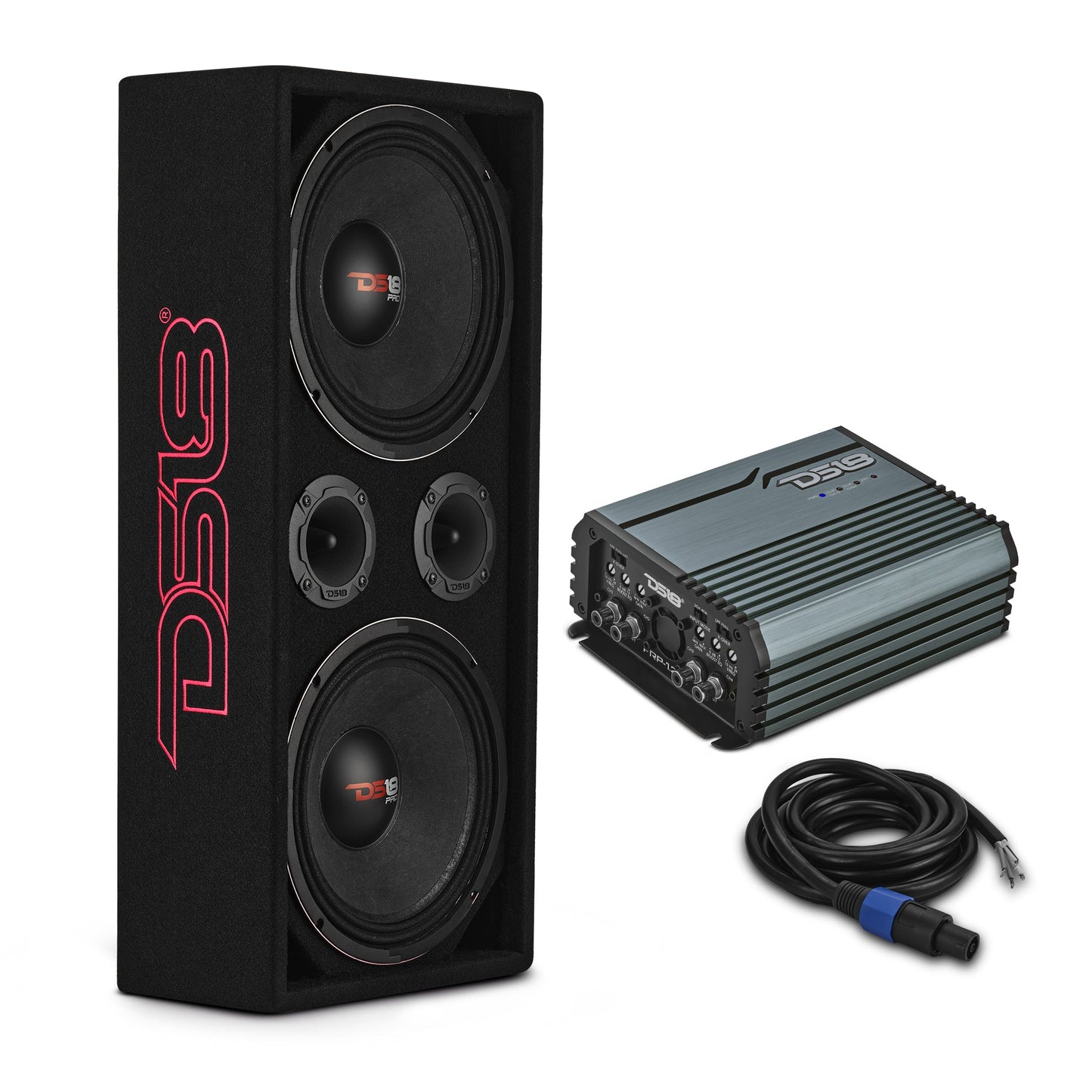 Loaded Voceteo Enclosure with Dual 10" Mids, Dual 3.78" Tweeters, Amplifier & Speakon Cable.