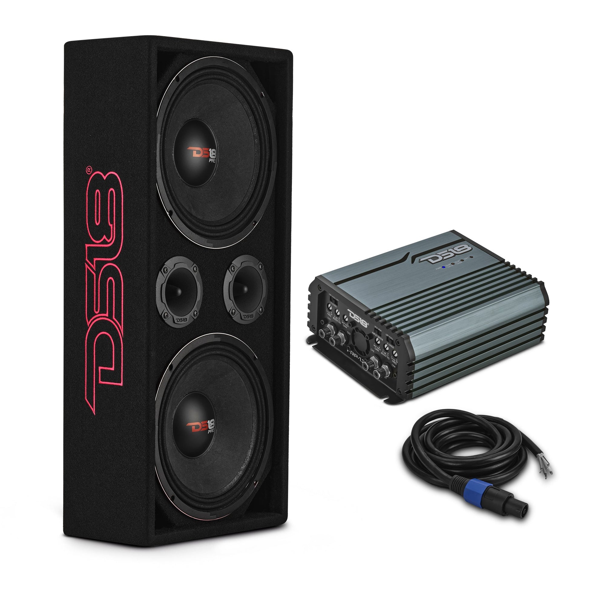 Loaded Voceteo Enclosure with Dual 10" Mids, Dual 3.78" Tweeters, Amplifier & Speakon Cable.
