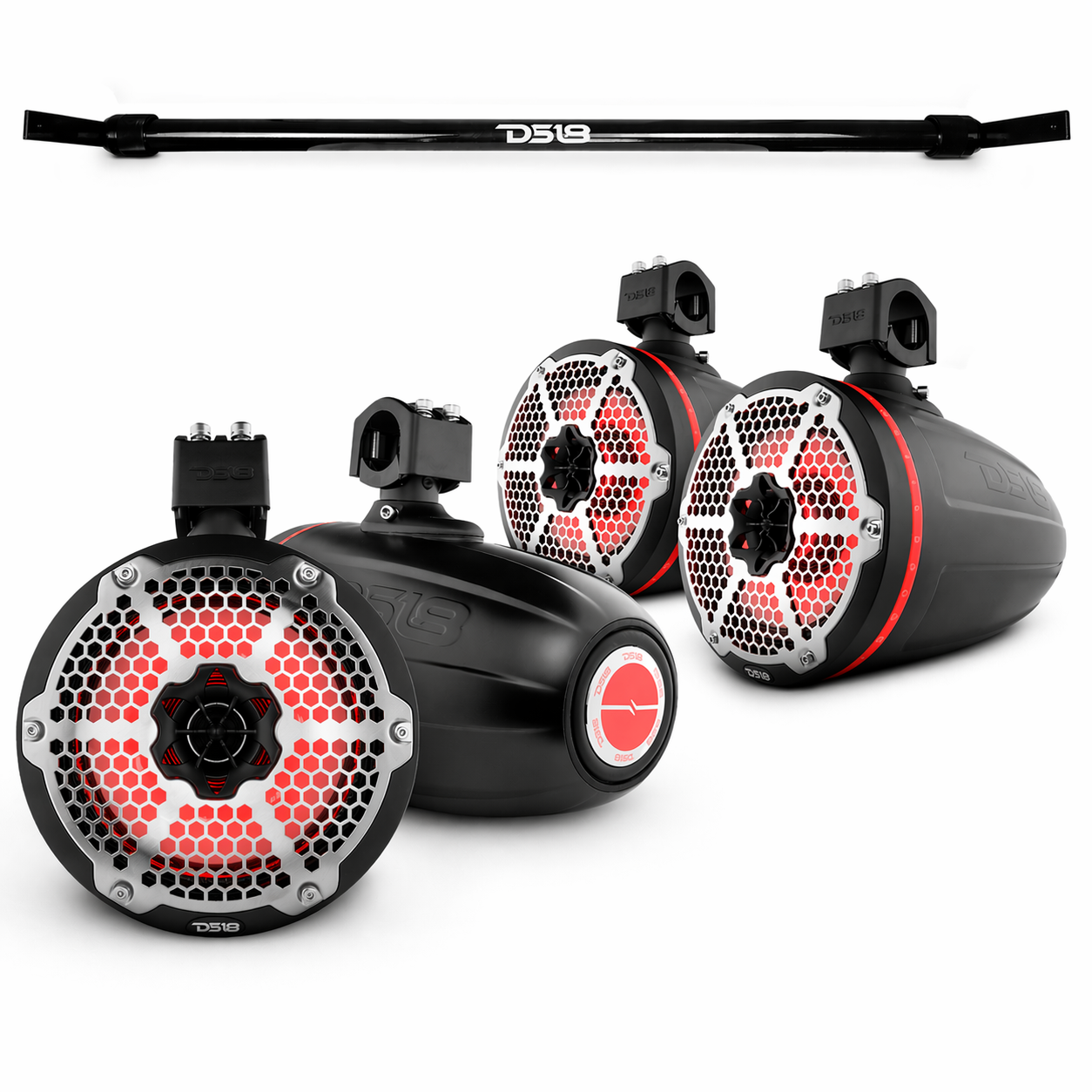 Jeep Gladiator JT Mounting Bar + 4x 8” Marine Tower Speakers with RGB LED Lights.
