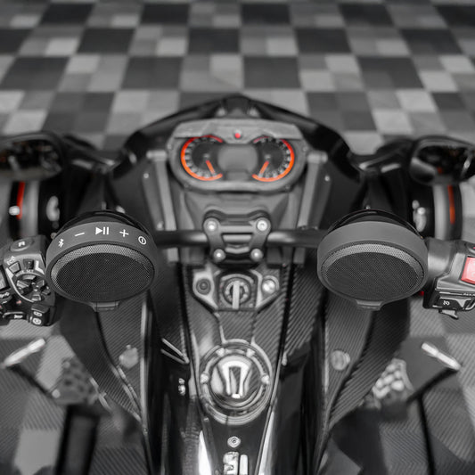 Amplified Handlebar Mounted Bluetooth Speaker System for Can-Am Ryker & Spyder Motorcycles.