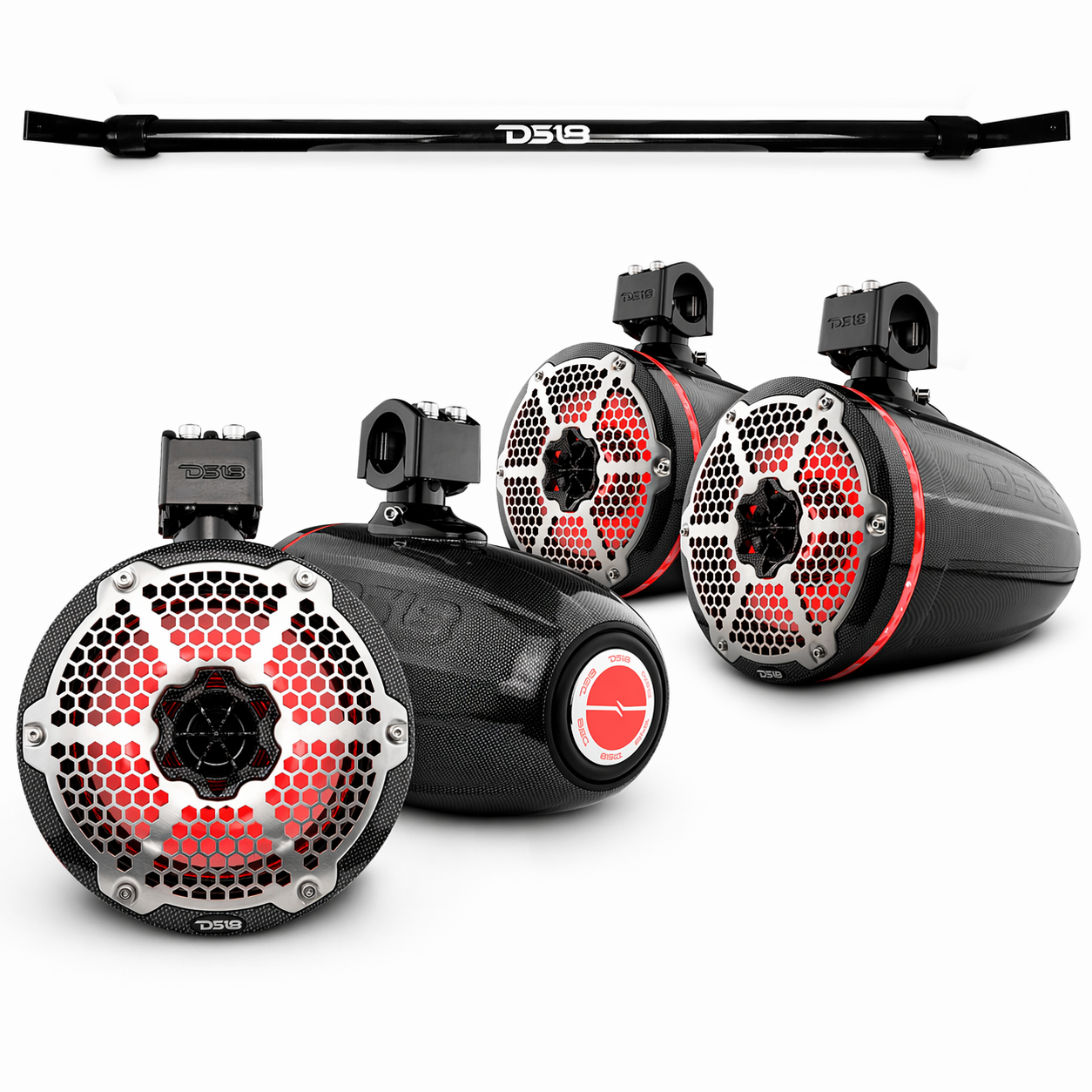 Jeep Gladiator JT Mounting Bar + 4x 8” Marine Tower Speakers with RGB LED Lights.
