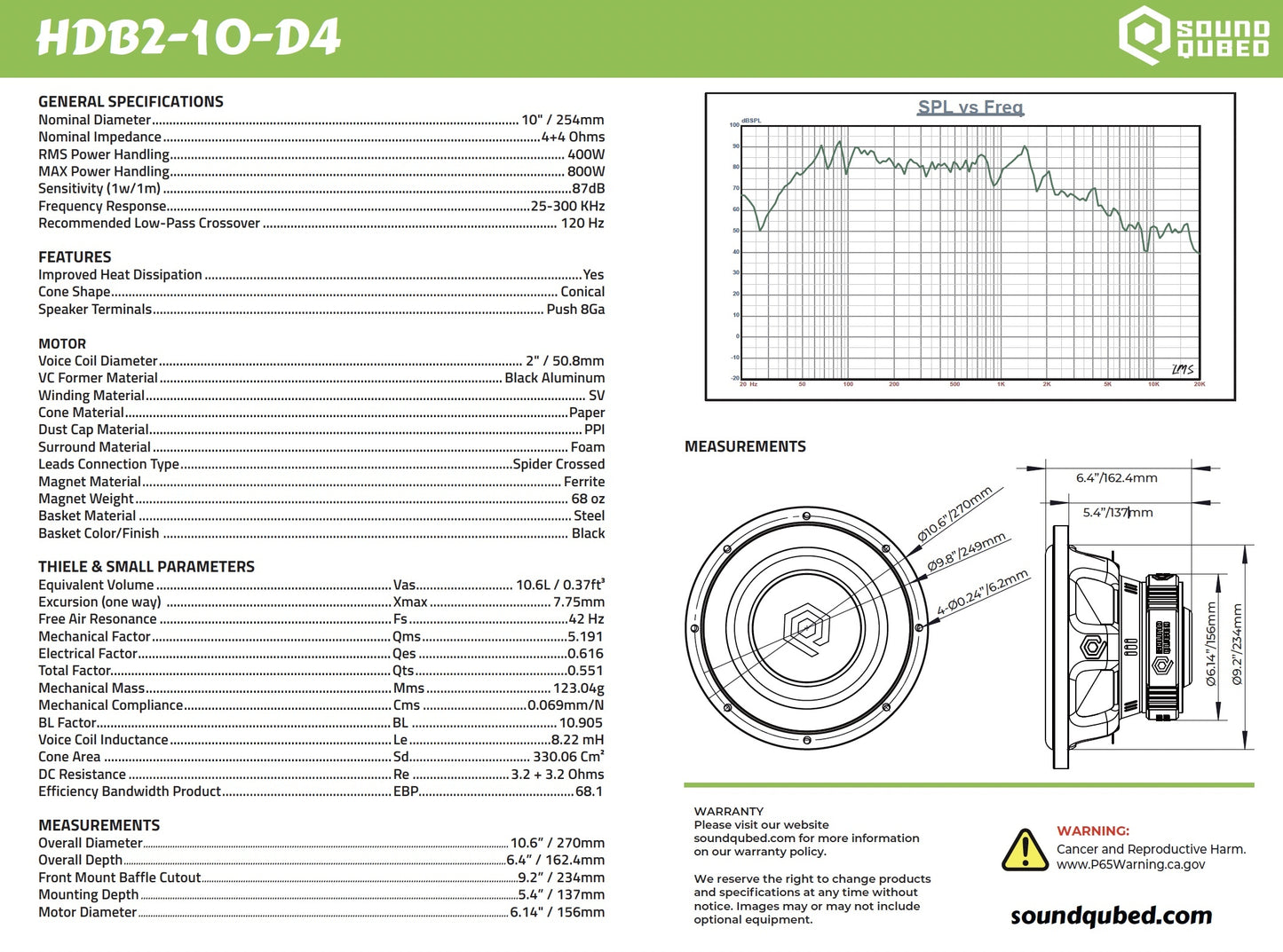 SoundQubed HDB2 10" 400W RMS DVC Subwoofer D2/D4.
