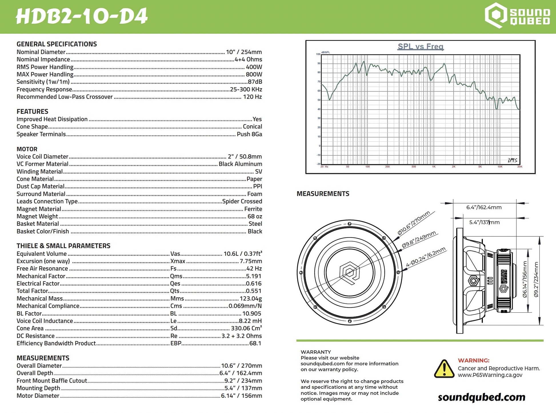 SoundQubed HDB2 10" 400W RMS DVC Subwoofer D2/D4.