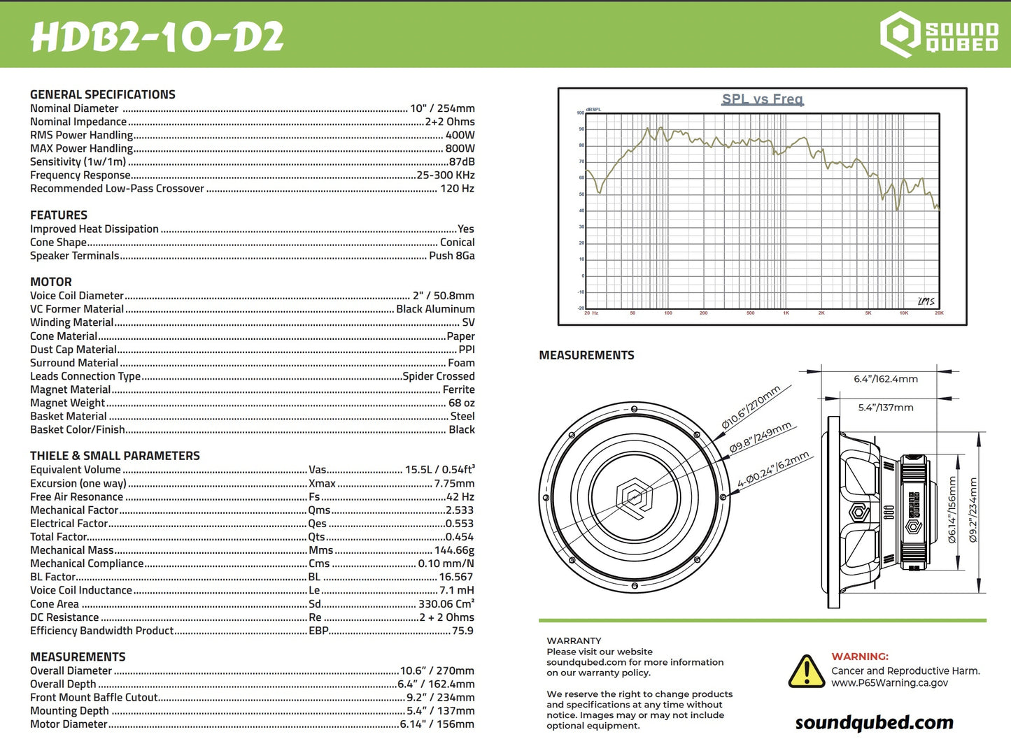 SoundQubed HDB2 10" 400W RMS DVC Subwoofer D2/D4.