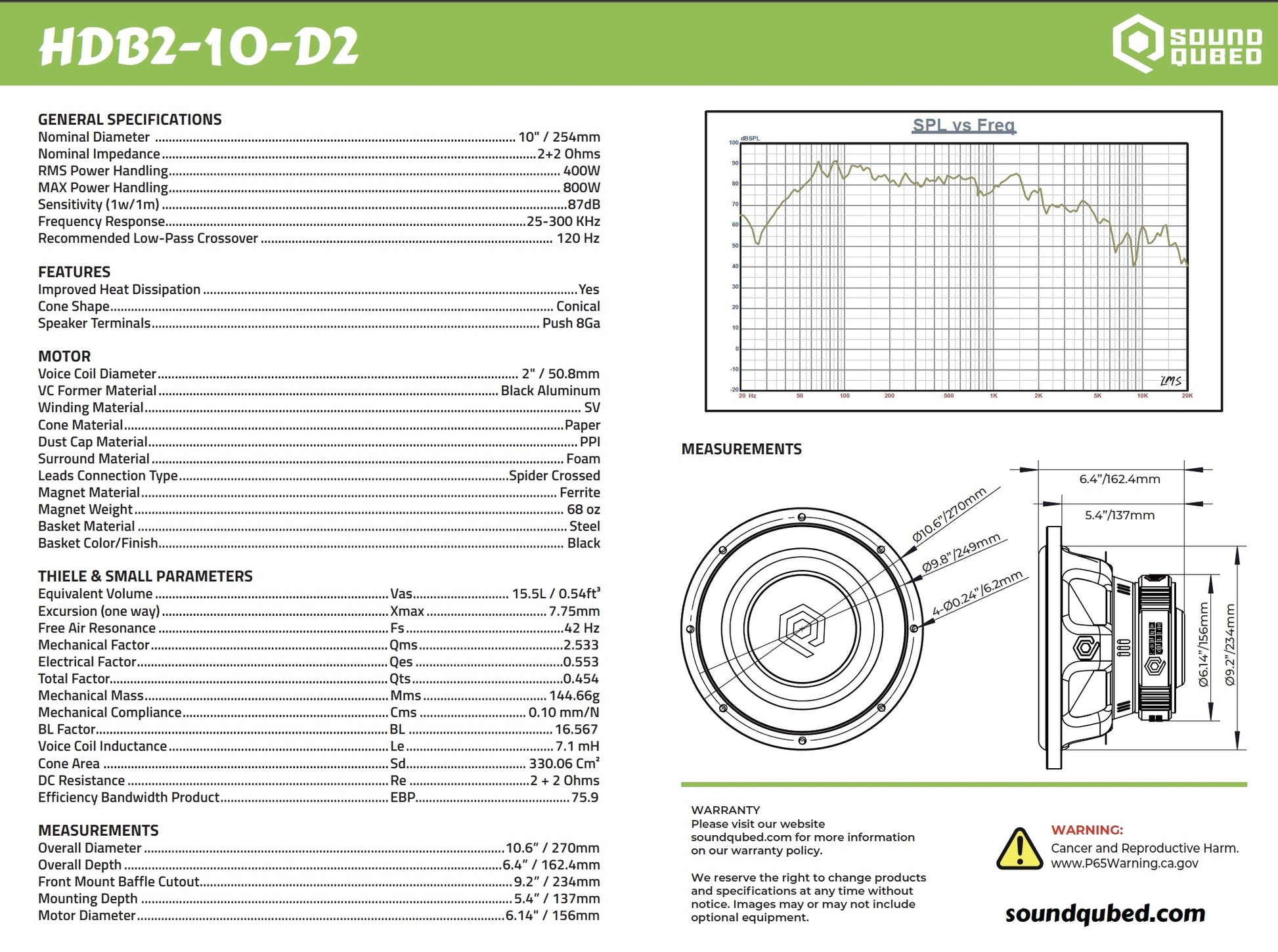 SoundQubed HDB2 10" 400W RMS DVC Subwoofer D2/D4.