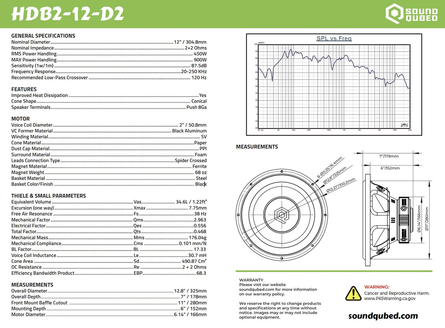 SoundQubed HDB2 12" 450W RMS DVC Subwoofer D2/D4.
