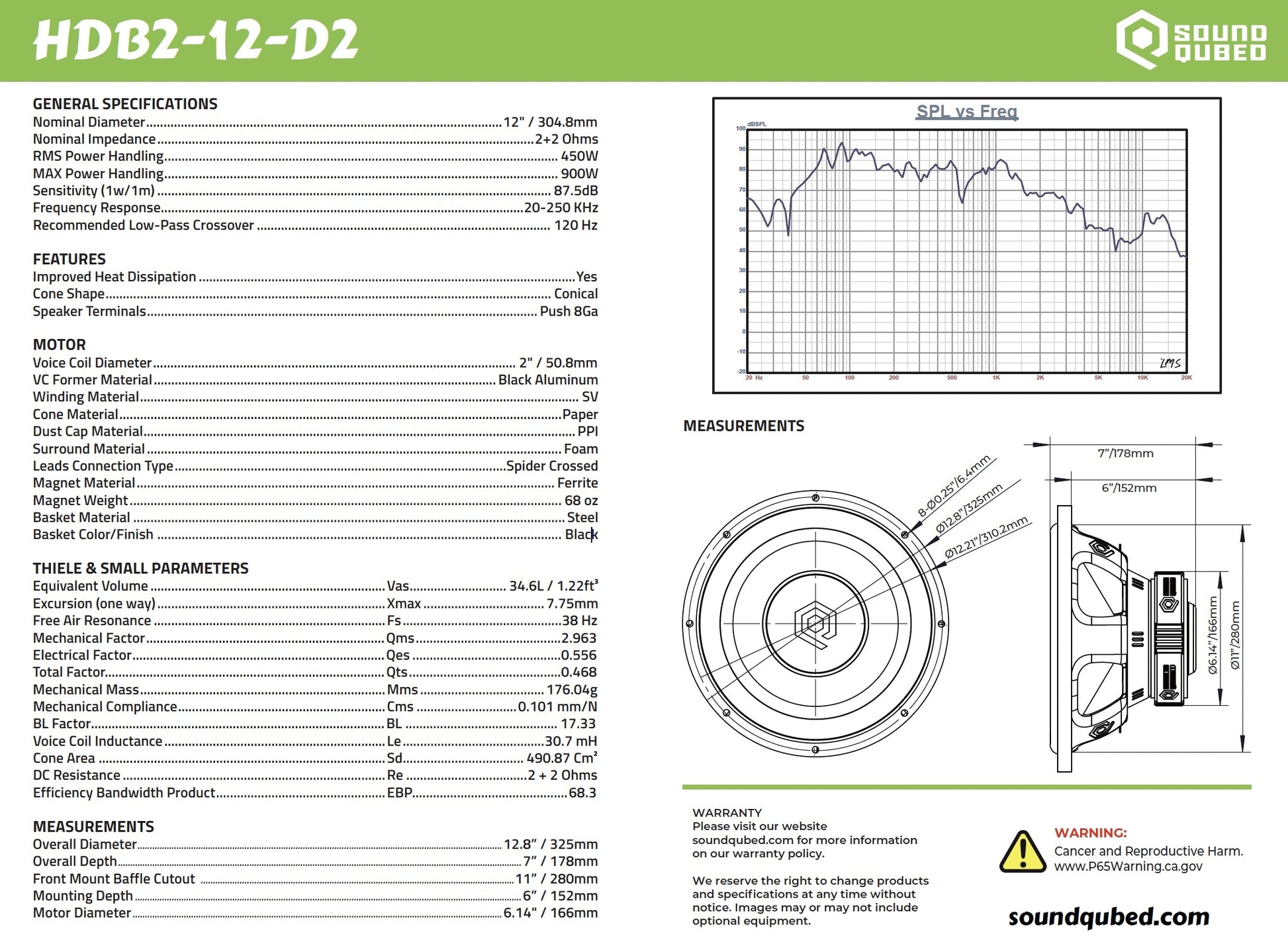 SoundQubed HDB2 12" 450W RMS DVC Subwoofer D2/D4.