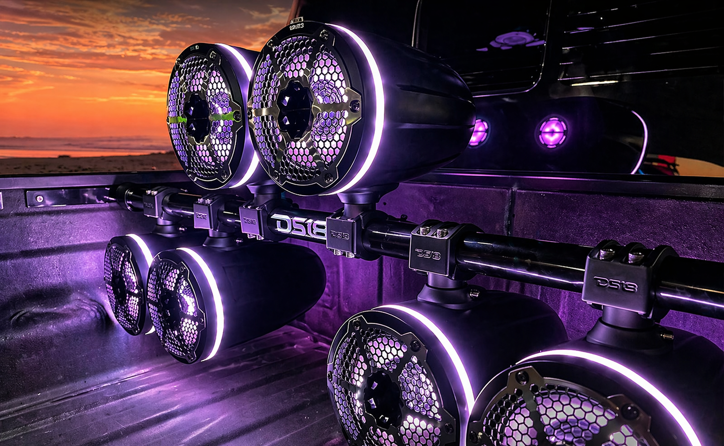 Jeep Gladiator JT Mounting Bar + 4x 8” Marine Tower Speakers with RGB LED Lights.