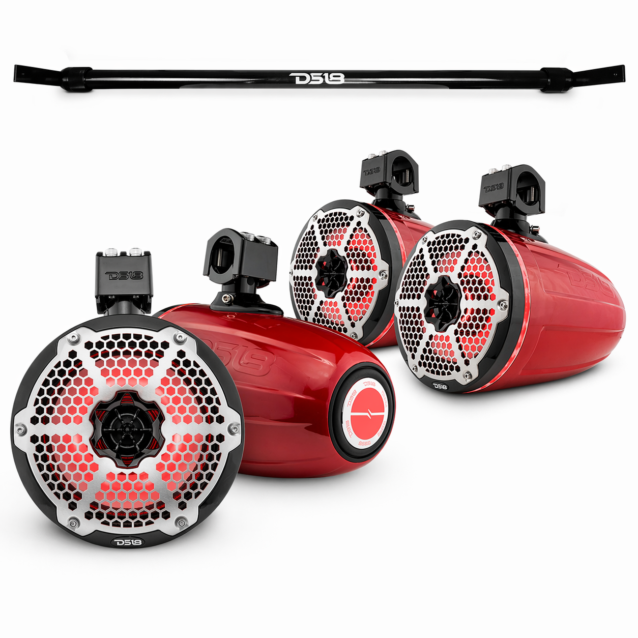 Jeep Gladiator JT Mounting Bar + 4x 8” Marine Tower Speakers with RGB LED Lights.